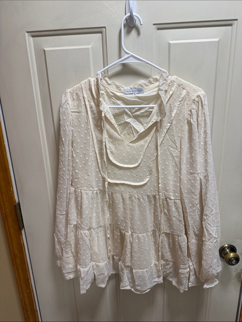 NWOT Miss Sparkling Cream Swiss Dot Tiered Peasant Tunic size M